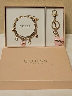 GUESS Gold Tone Bracelet & Keychain Set with Pink Heart Charms NIB